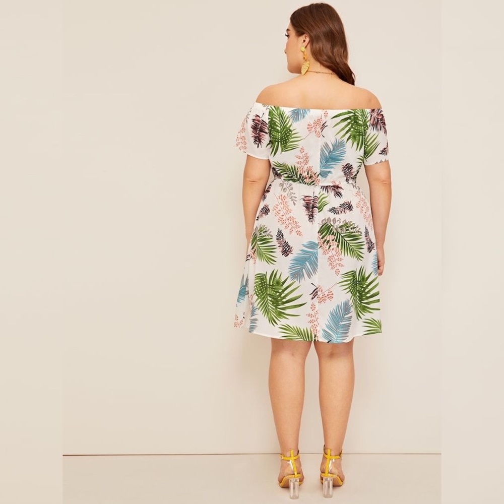 Jungle Leaf Print Short Off Shoulder Dress - Picture 2 of 5